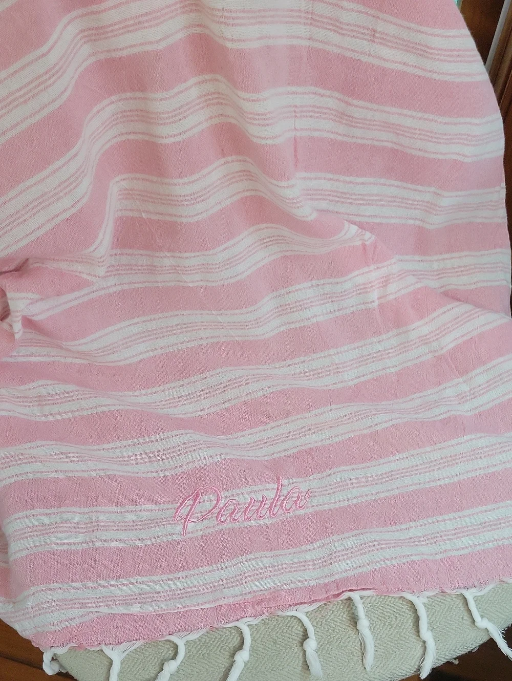 PAULA Personalized Pink & White Striped Turkish Cabana Beach Towel with Fringe
